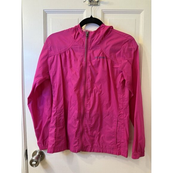 Columbia Girls Pink Hooded Windbreaker Jacket With Pockets Size L (14/16) - Picture 1 of 7